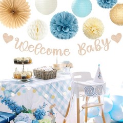 Light-Dusty Blue Boho Baby Shower Party-Decorations – 21pcs Beige Champagne B…