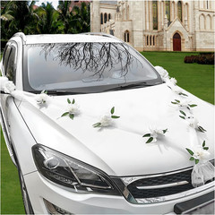 Elegant Wedding Car Decoration Set with Artificial Flowers and Ribbons (White)