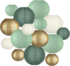 15 Pcs Sage Green Gold Paper Lanterns – Assorted 6/8/10 Inch round Hanging Decor