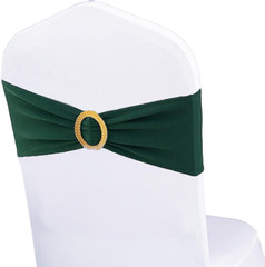Pack of 100 Spandex Hunter Green Chair Sashes with Gold Buckles, Stretch Chairs