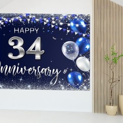 Happy 34th Anniversary Backdrop Banner – Navy Blue Silver Glitter, 47.2×70.9 in