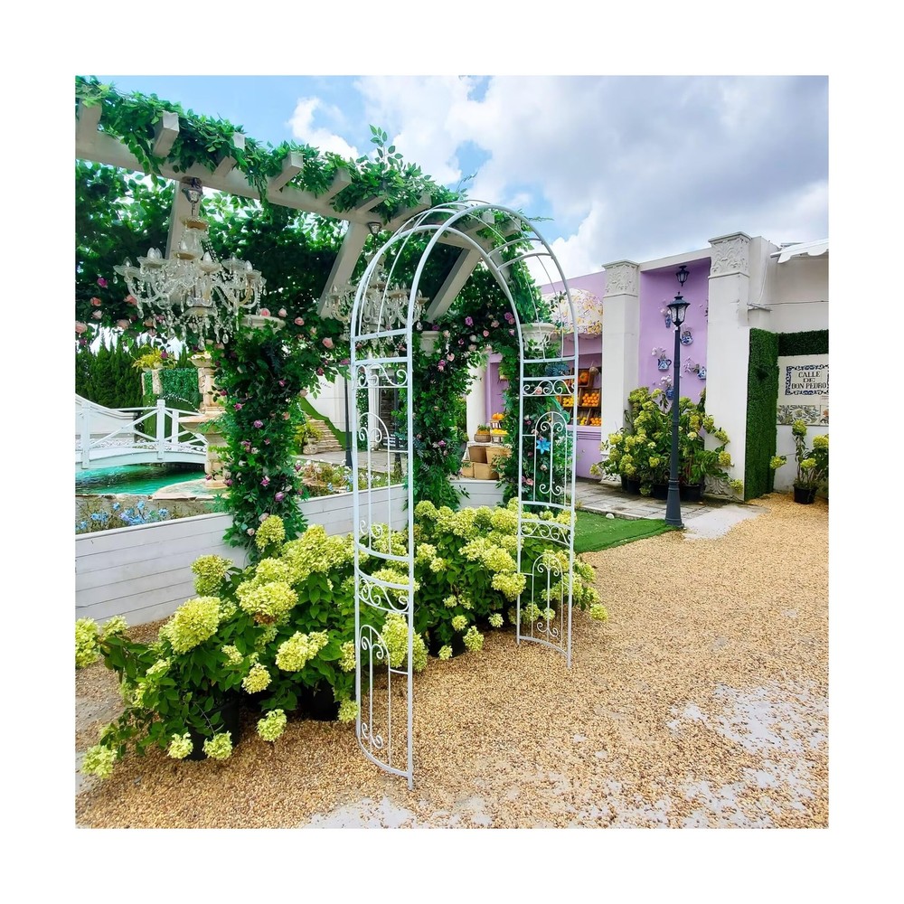 SCENDOR White Wedding Arch Garden Arbor Curved Metal Archway with Elegant Cur…