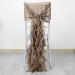 Taupe Premium CHAIR COVER with Curly Chiffon Ruffled SASHES Wedding Decorations