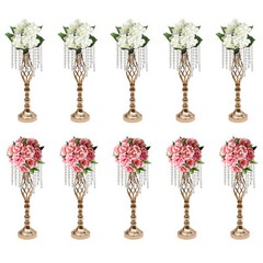 Gold 10Pcs Crystal Flower Stands Vases 21.7in Wedding Dining Table Centerpieces