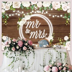 Mr & Mrs Wedding Backdrop Banner White Rose Floral Wooden Wall Glitter Lights