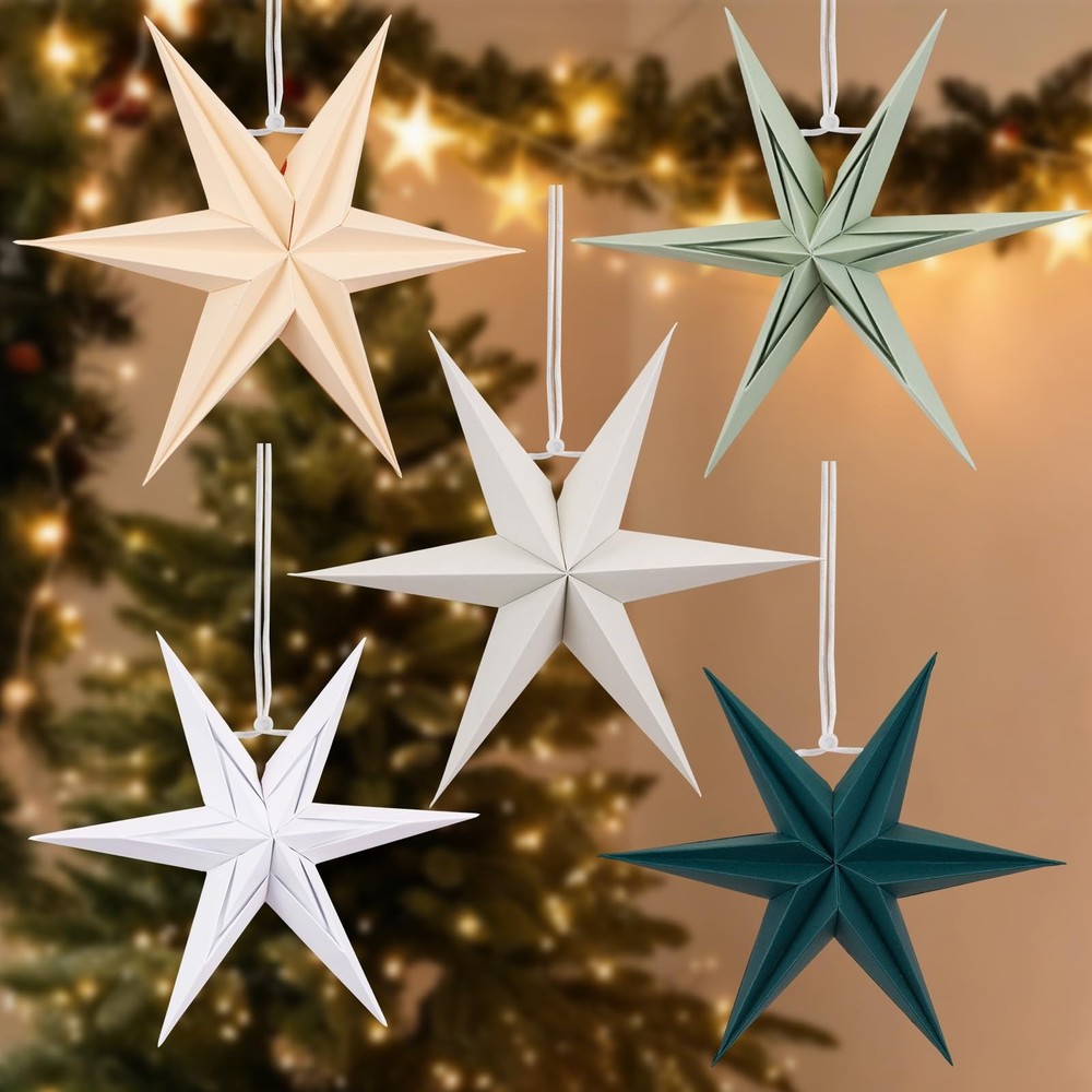 Paper Stars Christmas Party Decorations, 5PCS 6-Pointed Paper Star Hanging De…
