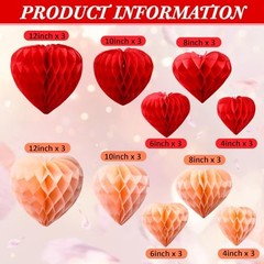 30 Pcs Heart Honeycomb Party Decorations Red Blush Pink Tissue Red,Blush Pink