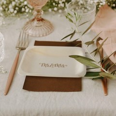 Mr. and Mrs. Disposable Wedding Plates – Rustic, Compostable Alternative t
