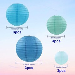Blue Paper Lanterns 12 Pcs Assorted size of 6″ 8″ 10″ 12″ Chinese Round