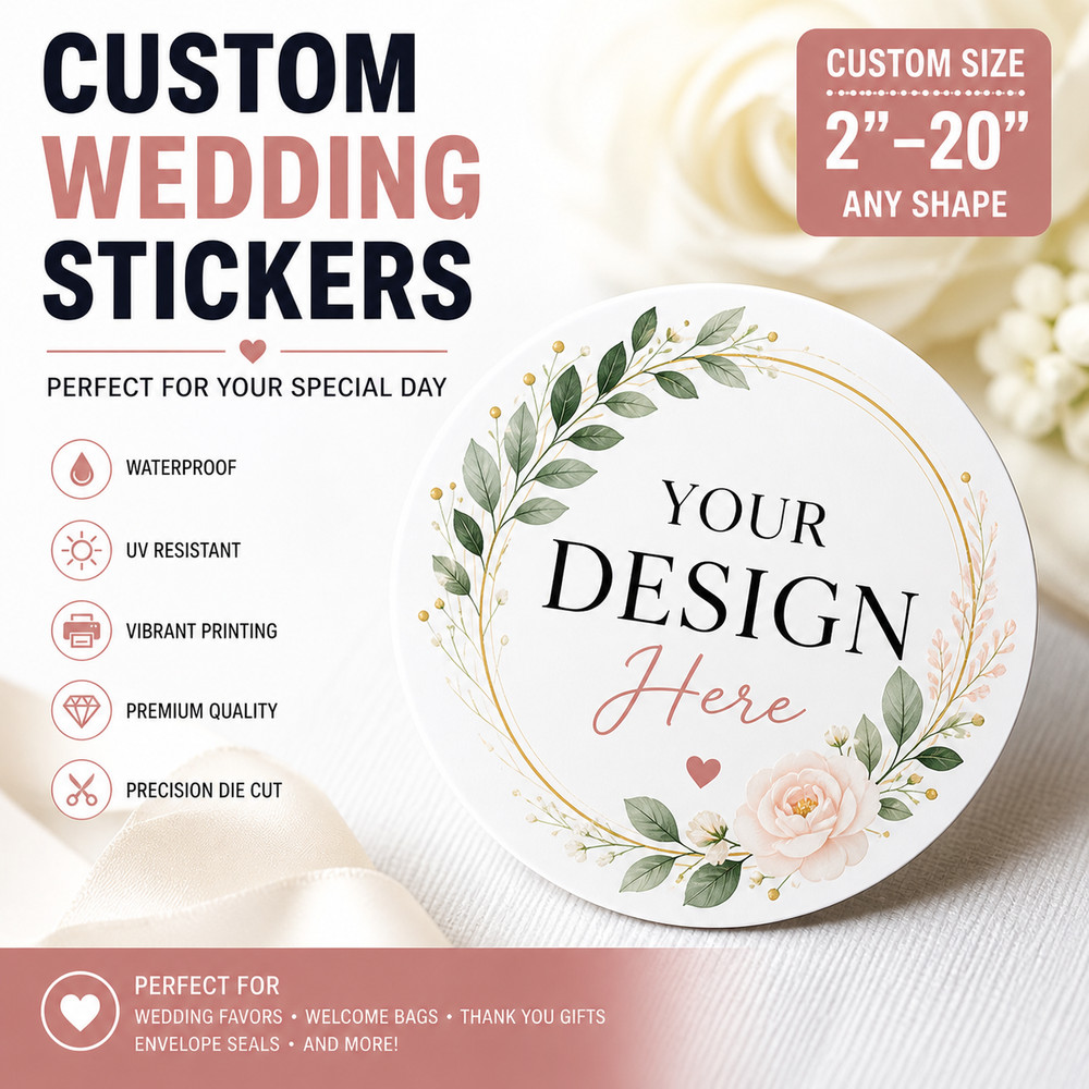 Custom Wedding Stickers Waterproof Vinyl Labels Favors Seals 2-20 Inch