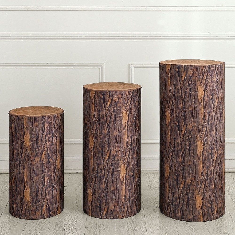 3 Set Cylinder Spandex Stand Covers Wooden Texture Elastic Fabric-Large