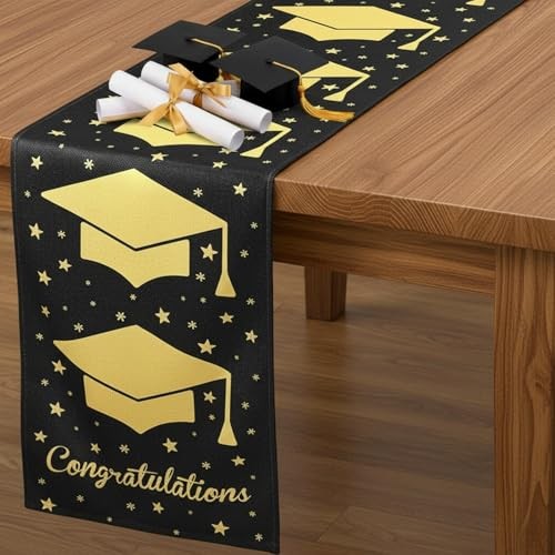 Graduation Table Runner 12 x 108 Inch Grad Cap Satin Table Runner Black