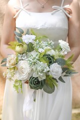 Artificial Bridal Bouquet Silk Foam 11 Inch White Green Rose Eucalyptus Wedding