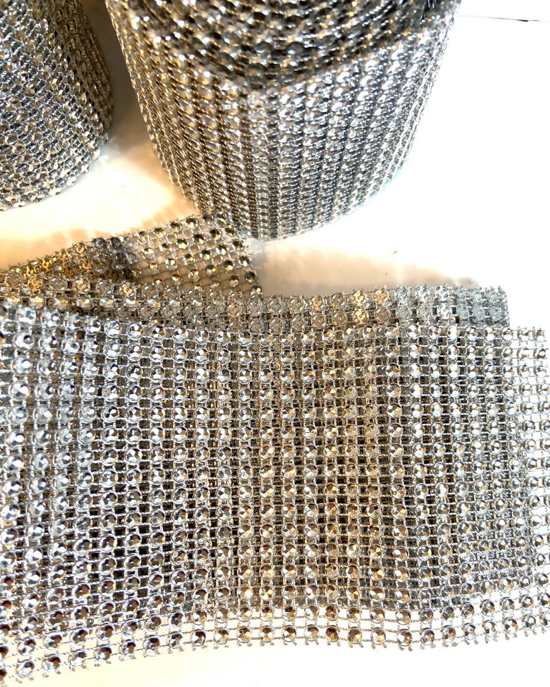 LOT/ Diamond Mesh Silver Rhinestone Wrap – 2 Lg rolls & 2 Pcs 54″ long 3″ wide.