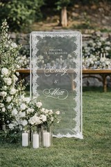Custom Lace Wedding Welcome Sign, Sheer Tulle Boho Ceremony Banner