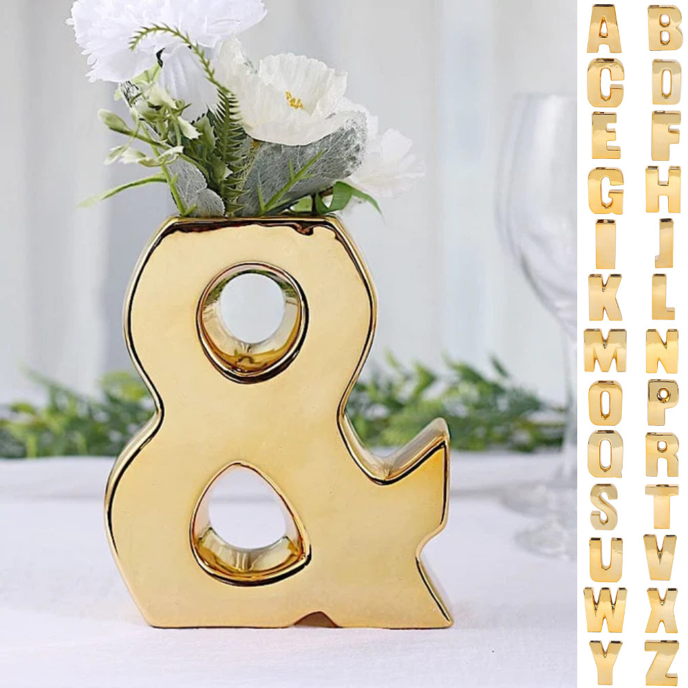 6 in Gold Metallic Letters Symbols Ceramic Flower VASE Centerpiece Party Events
