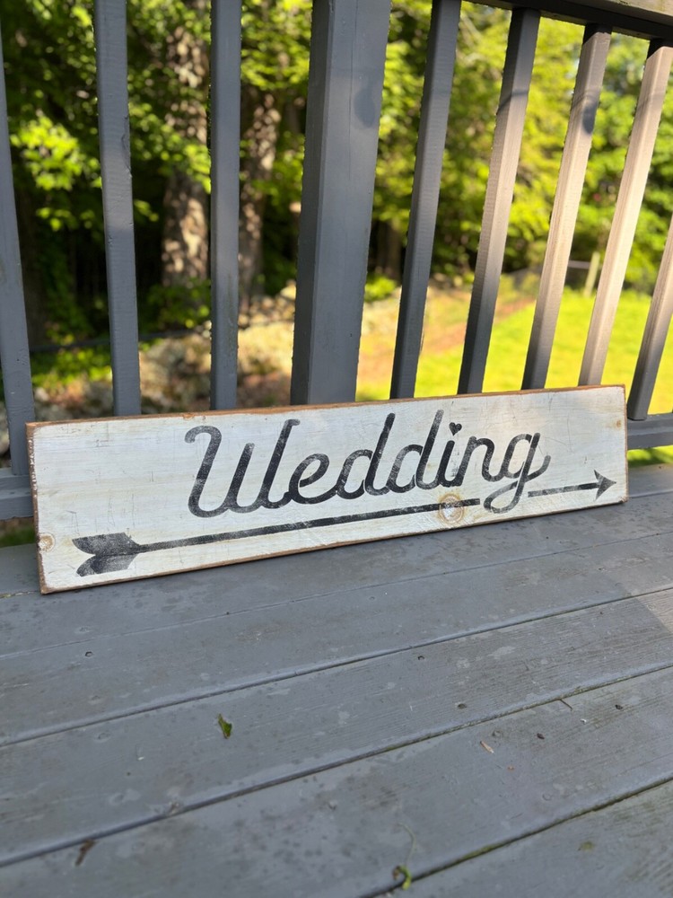 “Wedding” sign with arrow. White, rustic sign. 44in x 9in with 2 hooks on back.