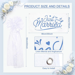 Just Married Burlap Banner White Tulle Bow Car Sign Decoration, Wedding Fabric B