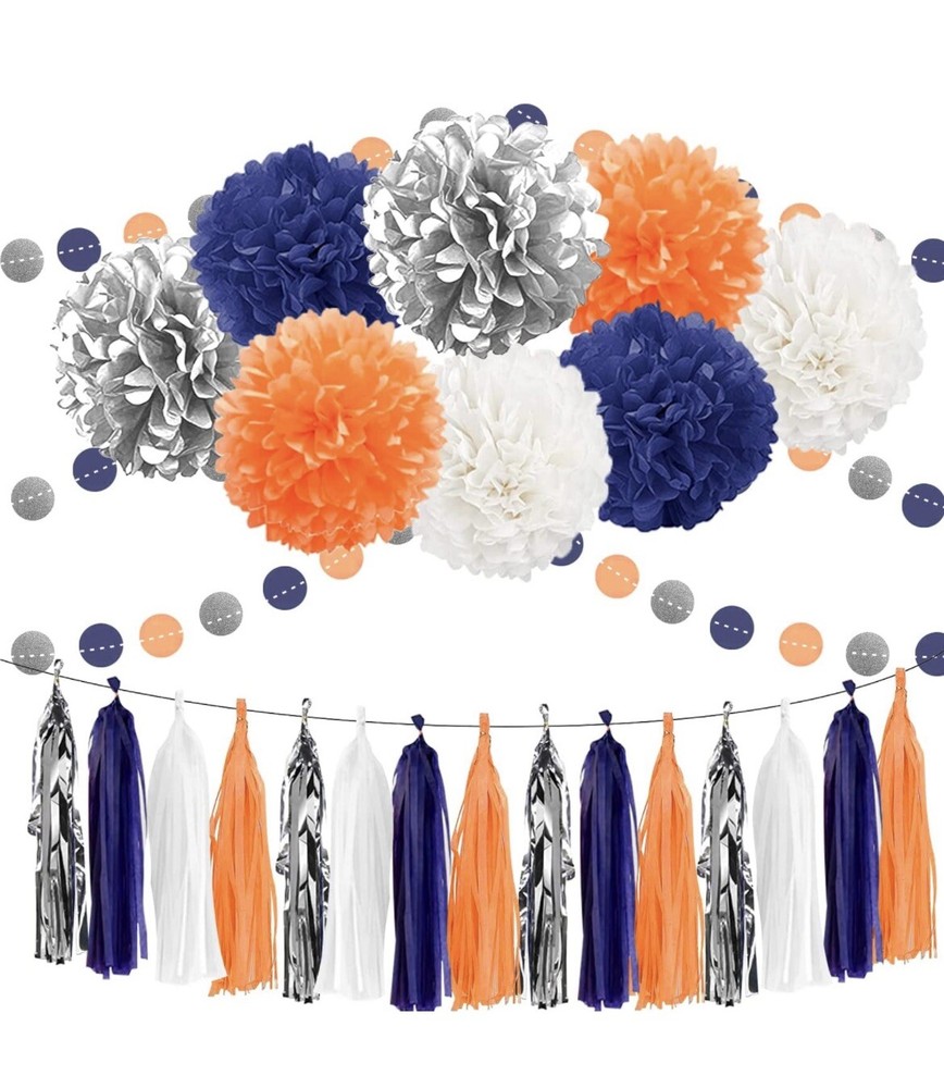 Party Decoration Pom Poms Flowers Dark Blue Silver White 12 Pieces 8″ 10″ 14″