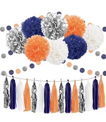 Party Decoration Pom Poms Flowers Dark Blue Silver White 12 Pieces 8″ 10″ 14″