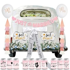20 Pcs Pink Just Married Car Decorations Include 10 Can Stickers Satin Ribbon