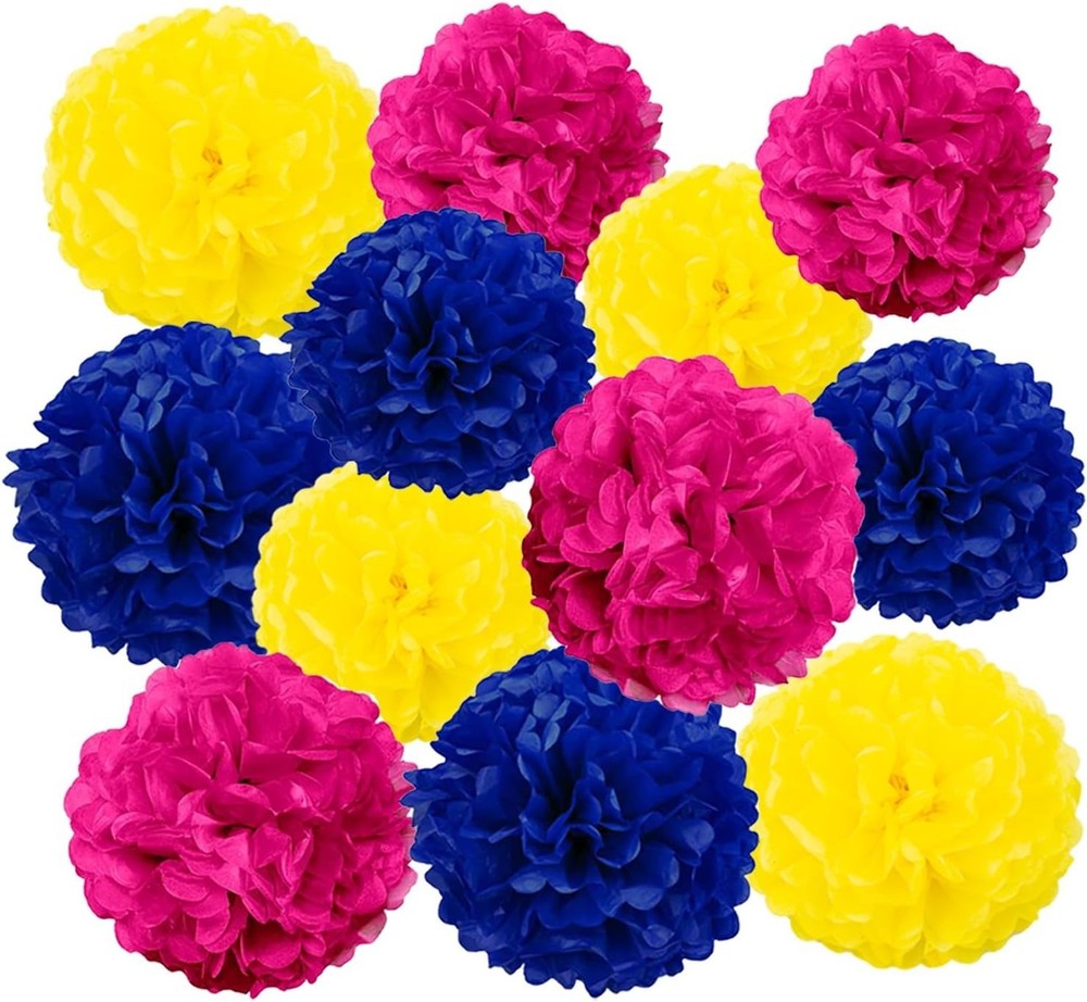 12-Pack Tissue Paper Pom Poms Yellow Navy Blue Hot Pink Party Decoration
