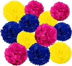12-Pack Tissue Paper Pom Poms Yellow Navy Blue Hot Pink Party Decoration