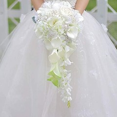 Calla Lilies Simulation Rose Diamonds Pearl Bride Wedding Bouquet (White)