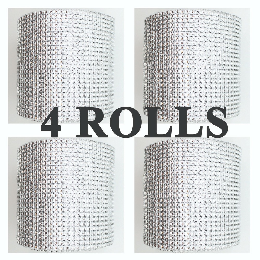 FOUR 4.75″ x 10 YARDS SILVER DIAMOND MESH WRAP RHINESTONE SPARKLE BLING RIBBON