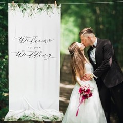 Wedding Welcome Banner Rustic Linen Sign Flexible Placement W/ Wooden Clips New