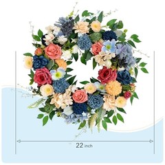 22 inch Spring Artificial Flowers Spring Summer Yellow Blue Rose Wreath