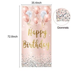 Pink Rose Gold Happy Birthday Door Banner Backdrop Decorations for Women Girl…