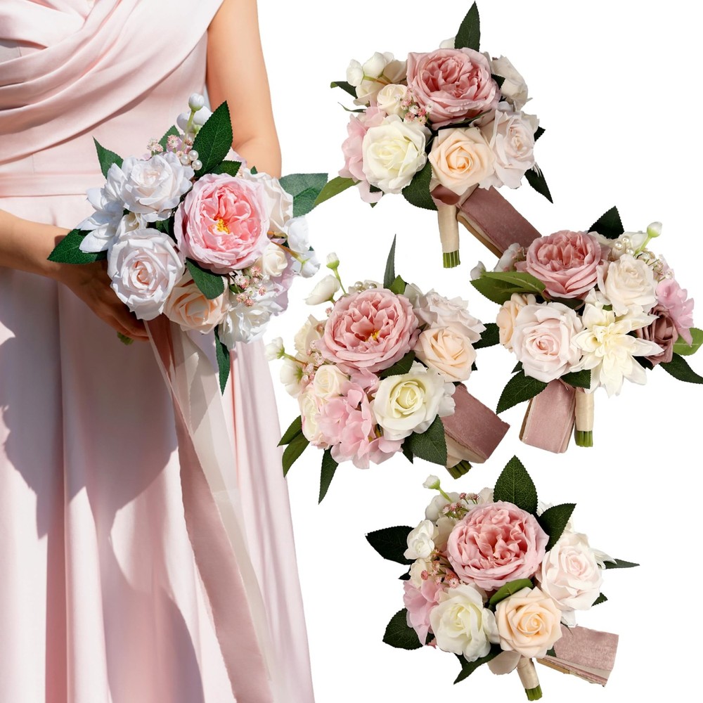 7 Inch Blush Bridesmaid Bouquets Set of 4,Pink Wedding Bouquets,Small Wedding…
