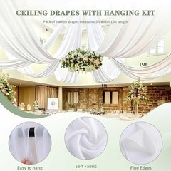 Ceiling Drapes Hanging Kit with Drapery: 6 Panels 5ftx15ft Long Curtains – Wh…