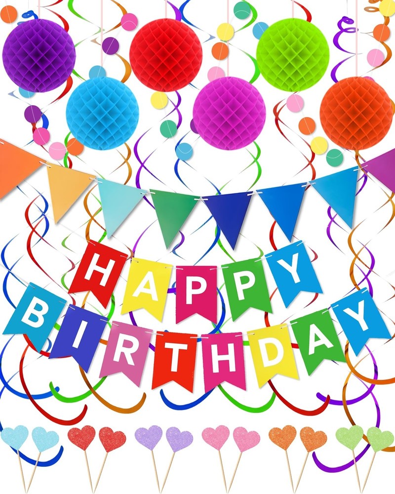 Happy Birthday Party Decorations – Colorful Happy Birthday Banner Swirl Strea…