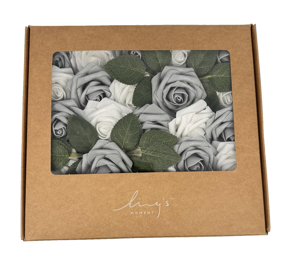Ling’s Moment 25pc Silver Gray White Foam Roses 3″ Stems Wedding DIY New