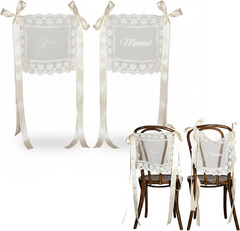 Just Married Wedding Chair Signs Set of 2, Sheer Lace Bride and Groom Chair Back