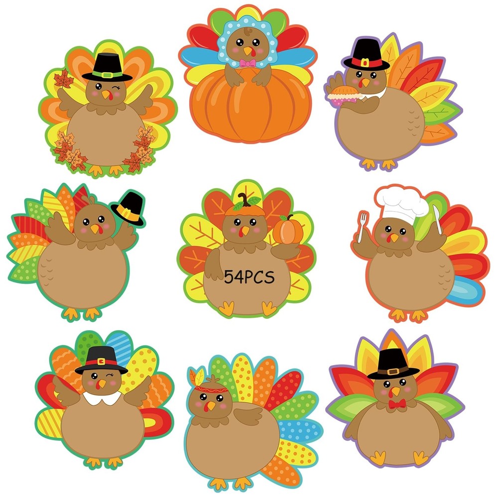 54 Pcs Thanksgiving Turkey Cut-Outs Double Printed Fall Paper Decor for Thank…