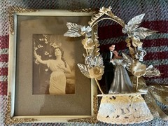 PAIR Antique Old Victorian Photo Frame +Vtg Bride Groom WEDDING Cake TOPPER Gift