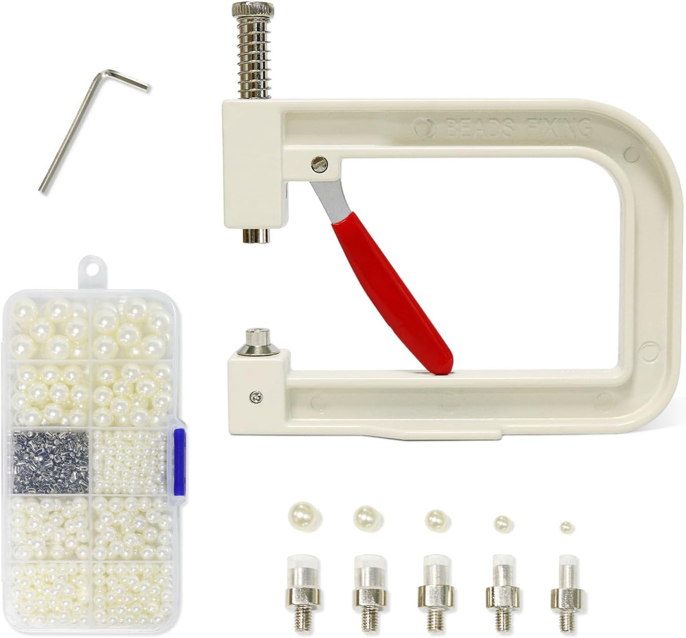Troyune Pearl Setting Machine, Pearl Hand Press Tools with White Pearl Beads, Ri