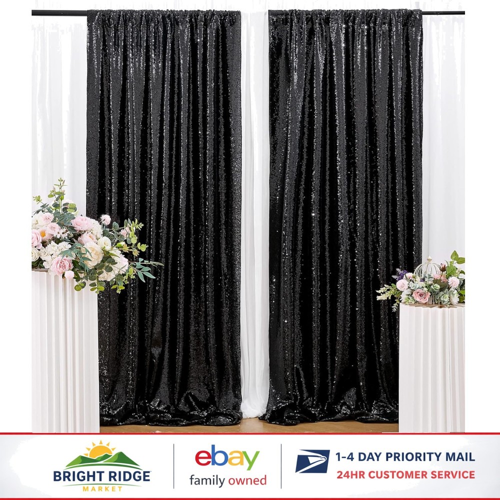 Seamless Black Sequin Curtain Set 2FTx8FT for Wedding and Event Decorations
