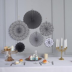 6 pcs Black and White Paper Fans Wall Backdrop Wedding Party Events Decorations