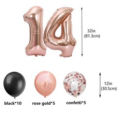 14th Birthday Decorations – Black Rose Gold Number 14 Star Foil Balloons, Lat…