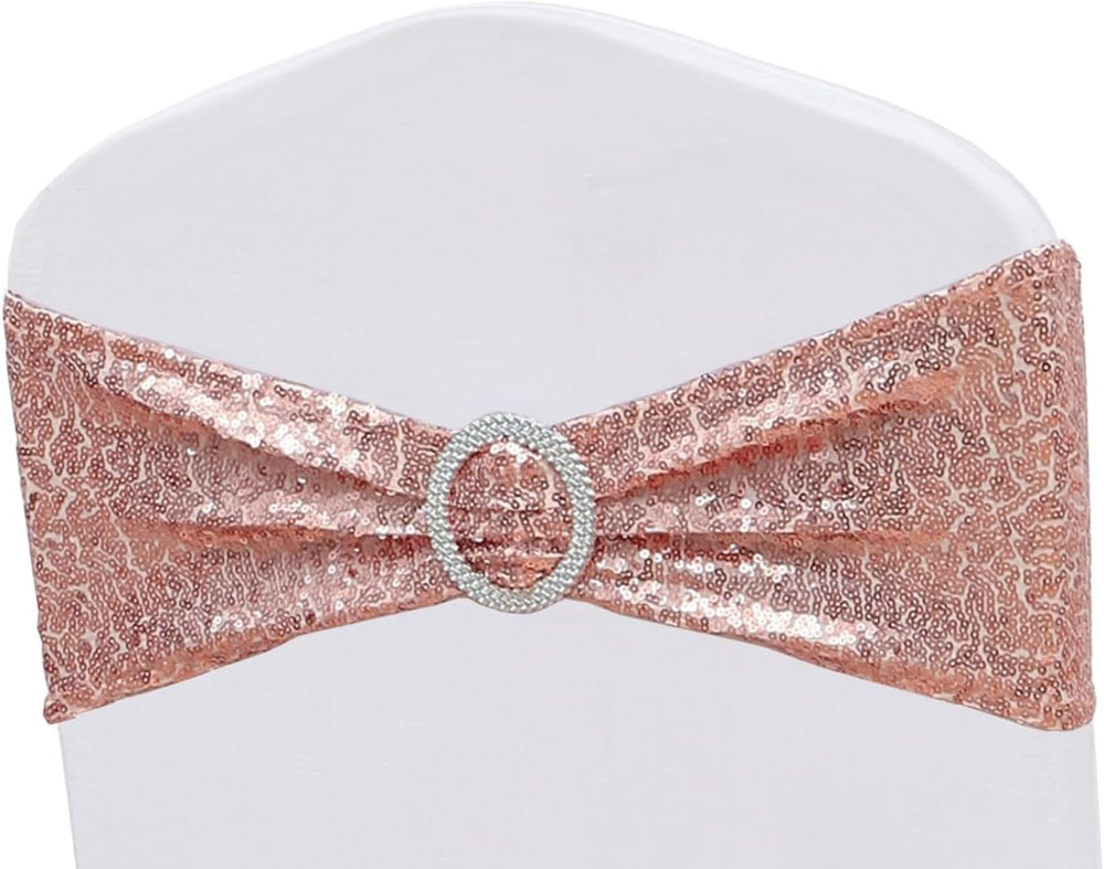 Rose Gold Sequin Chair Sashes with Buckles – 50 Pack for Weddings & Events