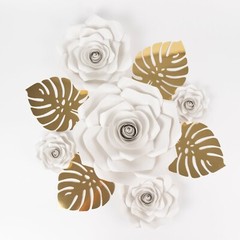9 WHITE 3D Rose Paper Flowers with Gold Monstera Leaves Wedding Decorations