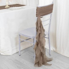 Taupe Premium CHAIR COVER with Curly Chiffon Ruffled SASHES Wedding Decorations