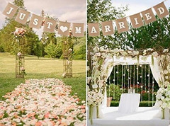Jute Burlap Just Married Bunting Banner Vintage Hessian Flag for Wedding Party D