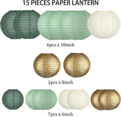 15 Pcs Sage Green Gold Paper Lanterns – Assorted 6/8/10 Inch round Hanging Decor