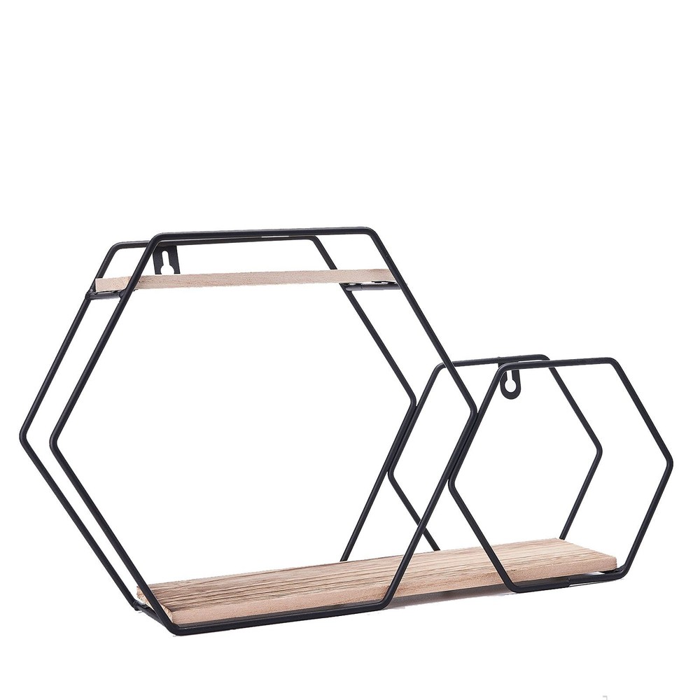 2 Tier Black Natural Hexagon Metal Wood Geometric Floating Shelf Decorations
