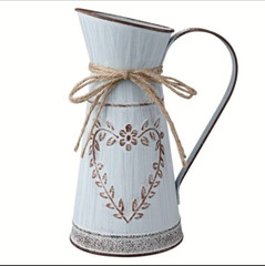 Rustic Galvanized Metal Pitcher Vase Chic Farmhouse Decor Blue Gray w/Heart